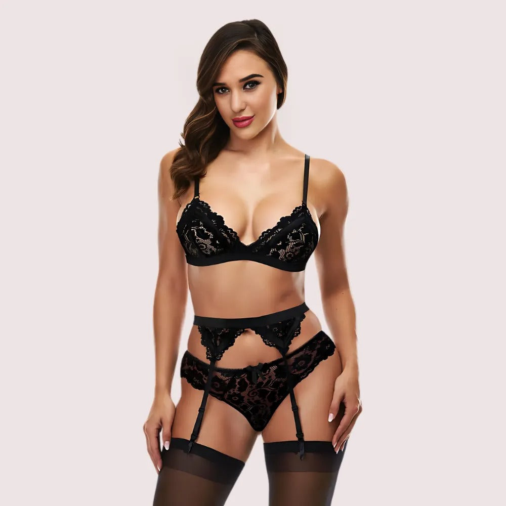 Crimson Whisper Lace Bra & Garter Set